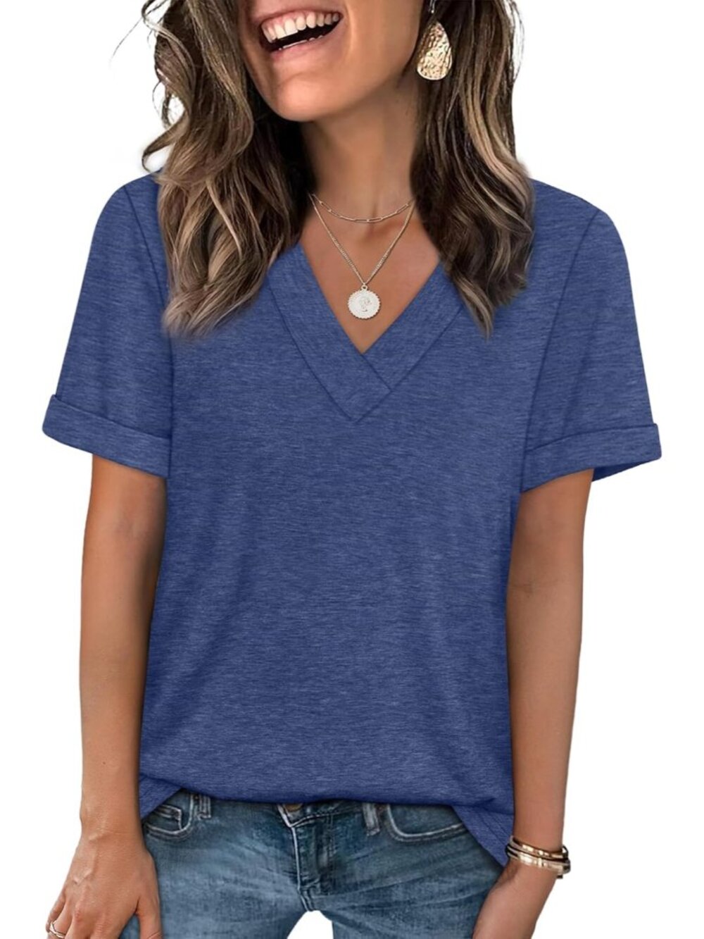 🆕Women's Blue Tops Short Sleeve Basic Casual V Neck T Shirts Trendy